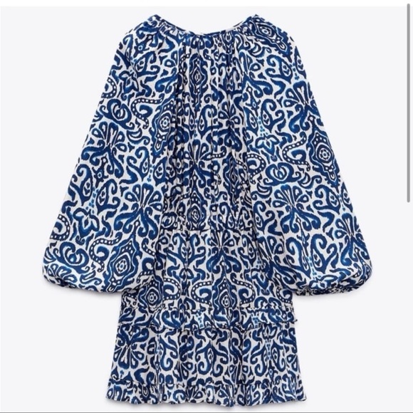 Zara printed blue and white boho balloon sleeve mini dress - Picture 7 of 12